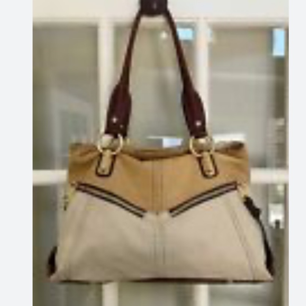 .b.makowsky brown and cream color blocked handbag hobo style